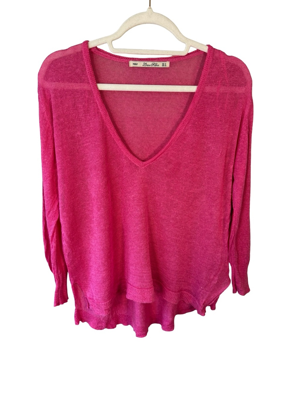Zara Knit Bright Pink V-Neck Lightweight Sweater Semi Sheer Size M Spring - Picture 2 of 12